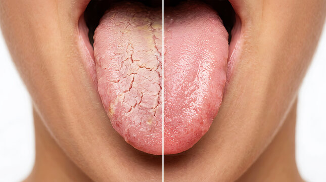 Split-screen view of human mouth with healthy and inflamed tongue