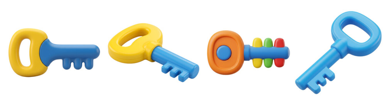 Colorful plastic toy keys in assorted shades of blue yellow orange green and red rendered in 3d on transparent background
