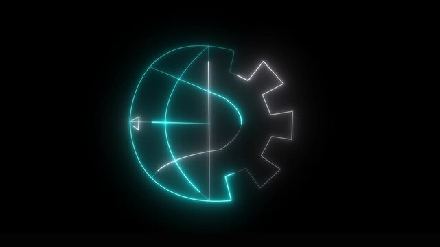  neon globe and gear icon isolated on black background, representing engineering, development, automation, manufacturing, industrial technology, and innovation , 4k video.