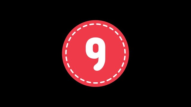 Animated number 9 in red circle badge loop on black background for 9 second countdown, kids math learning, and motion graphics video asset.