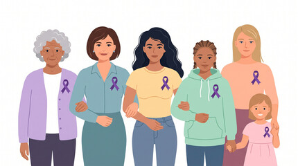 Fototapeta premium Diverse group of women and girls of different ages and ethnicities standing together arm in arm wearing purple awareness ribbons