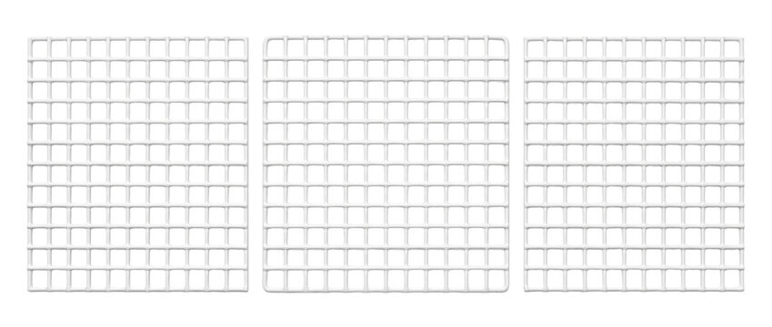 White plastic grid panel mesh frame set isolated on white background for modern wall organization display lattice design minimal geometry abstract background cutout elements triptych mockup template