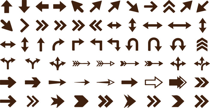 Comprehensive collection of diverse directional arrow symbols with u turn directional navigation direction collection movement straight interface minimalist abstract directionality pointing
