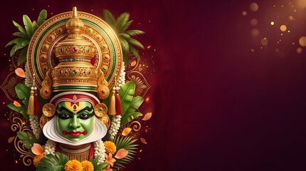Obraz premium Onam festival celebration background with traditional kathakali dancer illustration