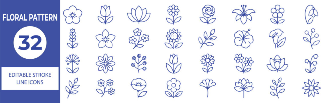 32 Floral Pattern Vector Outline Icons Set,Flower, Blossom, Botanical and Decorative Floral Line Symbols Collection,Editable Stroke.