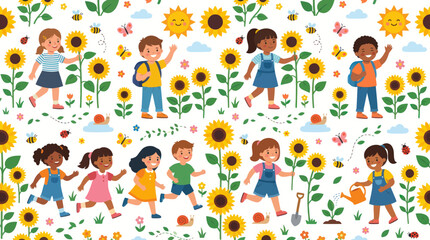 Fototapeta premium Seamless Pattern: Happy Diverse Kids Sunflowers. Childhood Education Flat Vector Illustration.