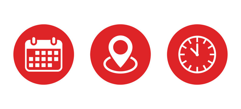 Date calendar, map pin location, and clock time icons vector illustration on black circles, minimal flat design for event planning, scheduling, and organization.