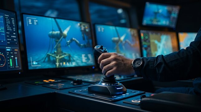 Marine operator using joystick on control console. Remote vessel navigation and monitoring.