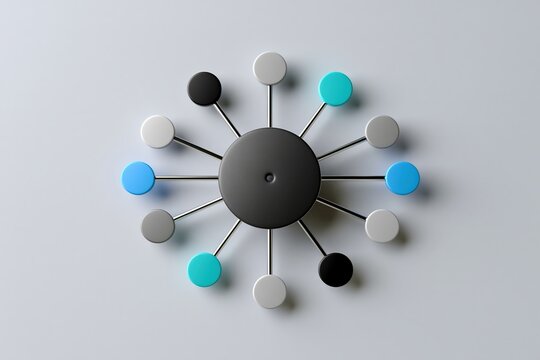 Central matte ceramic circle connected to smaller colored circles by metallic rods