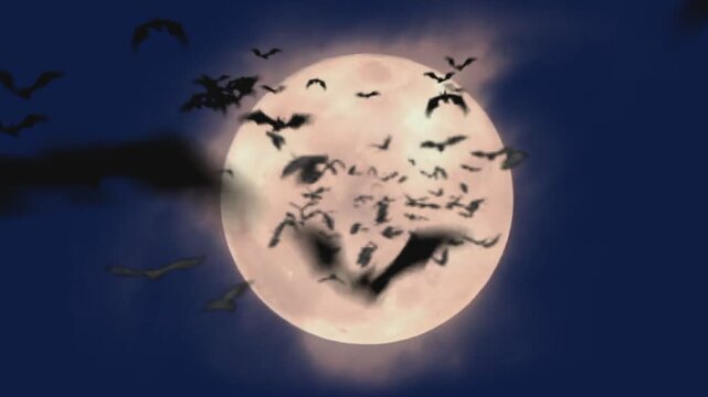 Spooky Halloween Night With Bats Flying in Front of Full Moon