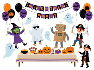Naklejka premium Happy Halloween Party Kids Costumes Trick or Treat Celebration