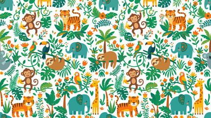 Fototapeta premium Cute Jungle Animals Seamless Pattern, Flat Vector Illustration