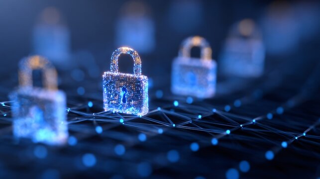 cyber network grid with secure protocol nodes, glowing SSL lock icons, data protection theme, blue neon