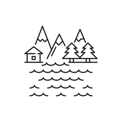 Fototapeta premium Mountain landscape linear icon isolated. Vector thin line sign of nature, high mount ice peak, rural country house and river. Fir-trees, Swiss Switzerland Alps scenery. Snow mountains of Austria