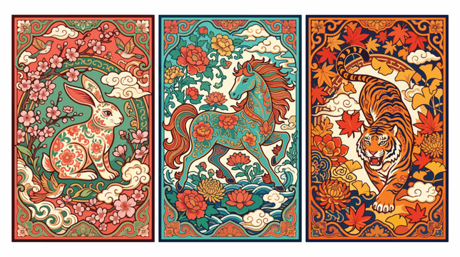 Triptych zodiac animal wall art set. Decorative astrology posters for modern home decor.