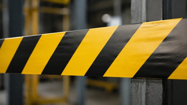 Close-up of a yellow and black striped safety barrier beam with diagonal chevron pattern mounted between metal posts in an industrial warehouse setting, underscoring the striped beam