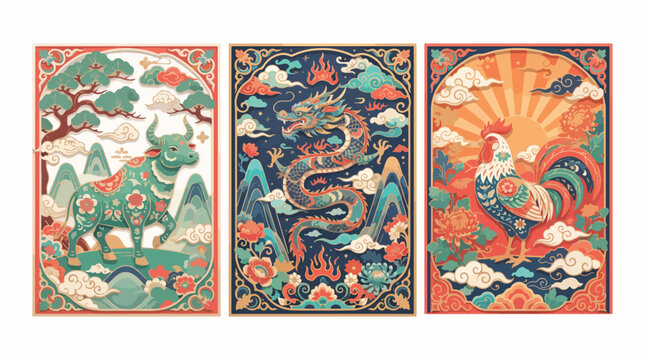Chinese zodiac triptych with ox, dragon and rooster. Asian horoscope animal art set.