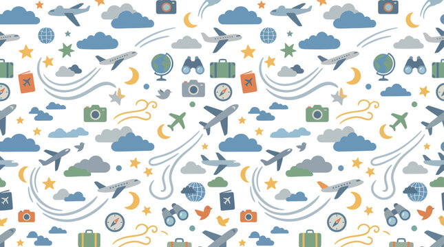 Cute Travel Pattern with Airplanes, Clouds, and Globes, Flat Design