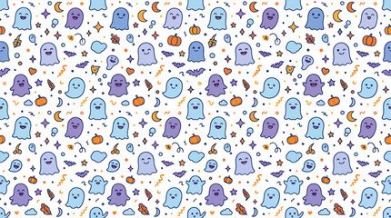 Obraz premium Cute Cartoon Halloween Ghosts Seamless Pattern with Spooky Elements and Pumpkins for Kids Holiday Design