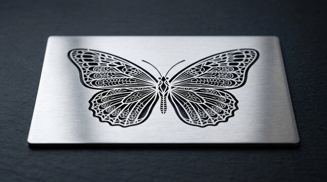 Elegant butterfly design engraved on polished metal surface