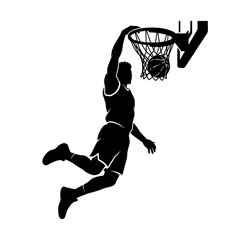 Basketball athlete silhouette demonstrates a mid-air slam dunk technique on a white background. © Creative Studio 