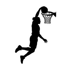 Basketball player performs a powerful slam dunk into the hoop as a black silhouette against a white background. © Creative Studio 