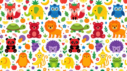 Fototapeta premium Cute Kids Animals and Fruits Flat Cartoon Seamless Pattern Vector Illustration