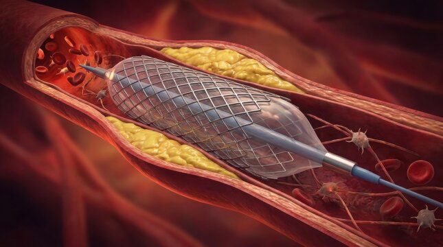 Medical illustration of an angioplasty balloon catheter widening a narrowed artery with plaque buildup