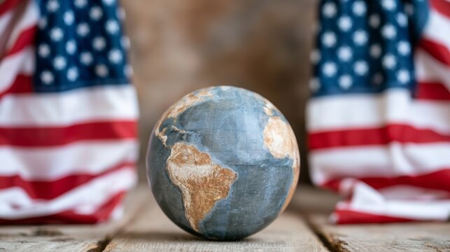 American flags revealing world globe, United States global influence on international politics and diplomacy