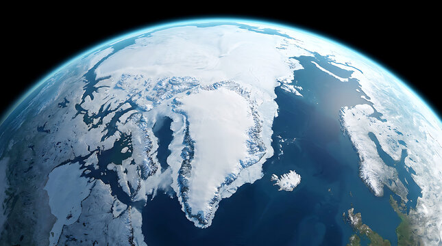 Satellite view of the arctic region showing greenland and surrounding icy waters from space