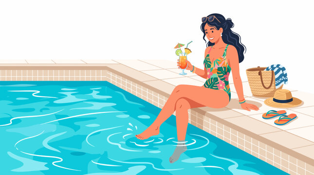 Woman enjoying a tropical cocktail by the pool during a Southern Hemisphere summer heatwave summer vibes