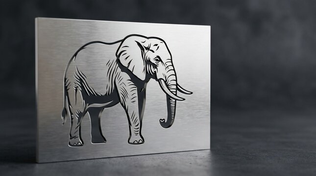 Engraved elephant illustration on brushed metal surface texture backdrop