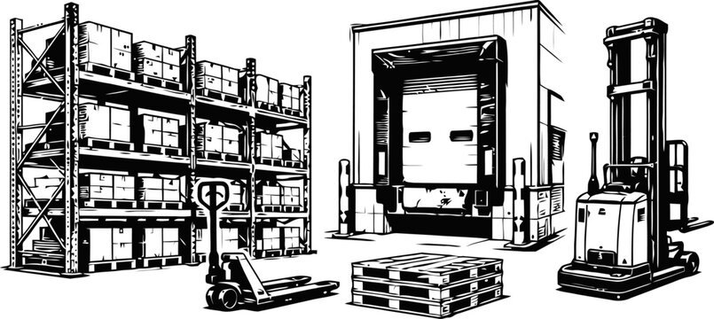Warehouse interior with shelving full of boxes, pallet jack, wooden pallets, loading dock, and forklift for logistics and storage