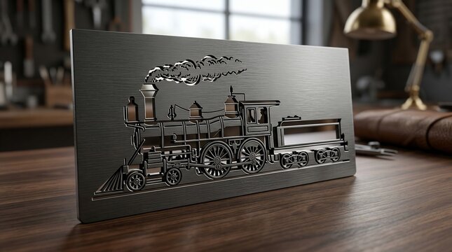 Engraved metal plaque depicting vintage steam locomotive in workshop setting