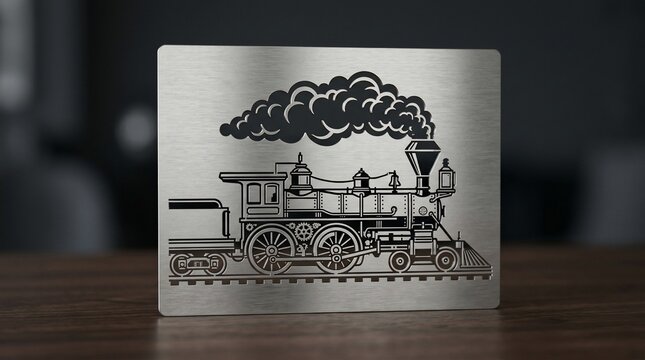 Engraved metal plate featuring a vintage steam locomotive illustration with smoke