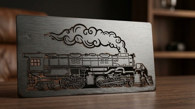 Engraved metal plate featuring a vintage steam locomotive with smoke detail
