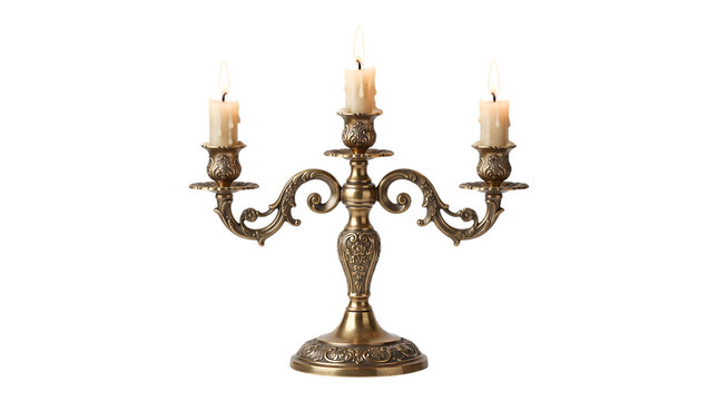 Antique brass candelabra with candles. Vintage metal candle holder on a isolated transparent background png