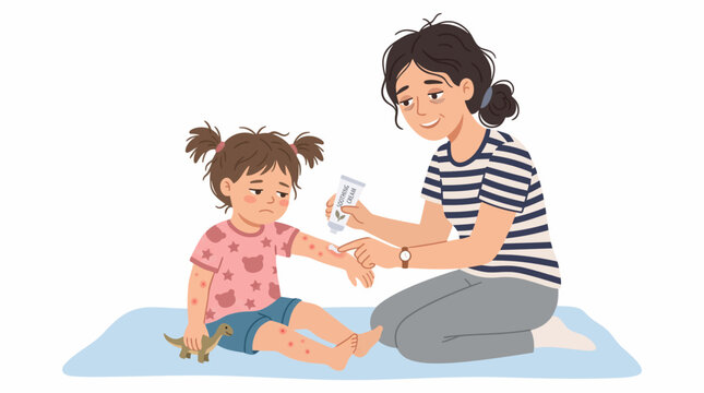 Mother applies soothing cream to childs itchy skin during Southern Hemisphere summer heatwave summer vibes