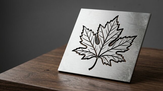 Graphic leaf design on metal plate elegant natural symbolism