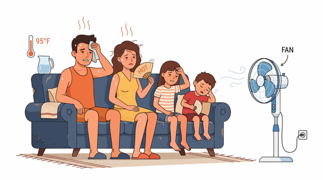 Family suffering from extreme heatwave and high temperatures during Southern Hemisphere summer, seeking relief from a fan summer vibes