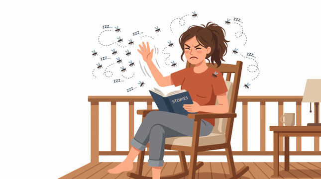 Southern Hemisphere Summer Heatwave Mosquitoes Disturb Woman Reading on Porch Amidst Rising Temperatures summer vibes