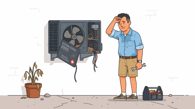 Southern Hemisphere Summer Heatwave Man Struggles with Broken Air Conditioner and Wilting Plant summer vibes