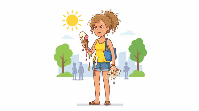 Southern Hemisphere summer heatwave causes melting ice cream and discomfort for woman in hot weather summer vibes