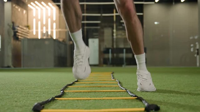 Unrecognizable Caucasian man football player training agility ladder in gym soccer athlete male sportsman running jumping drills muscular legs sneakers footballer workout coordination speed exercise