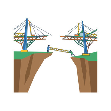 Two people trying to bridge a gap between two cliffs with a small construction element