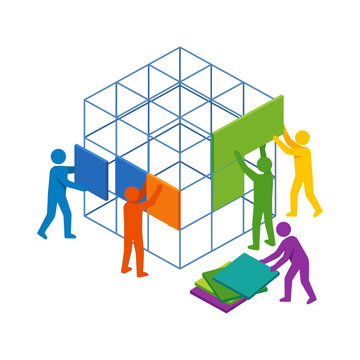 Colorful stick figures building a 3D wireframe cube structure collaboratively