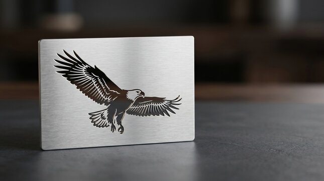 Majestic eagle in flight engraved on metallic surface with blurred background