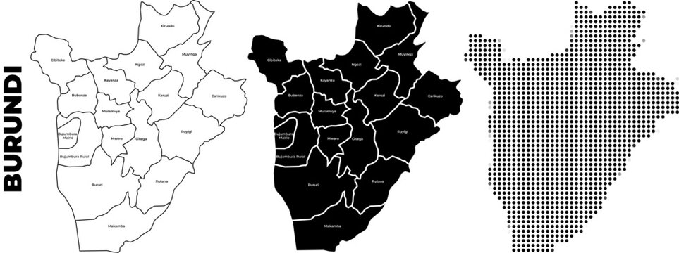 Burundi map icon set with administrative provinces in outline, solid and halftone styles