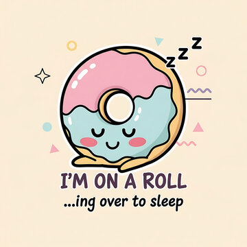Cute sleeping donut illustration with funny quote I'm on a roll ing over to sleep pun kawaii vector design