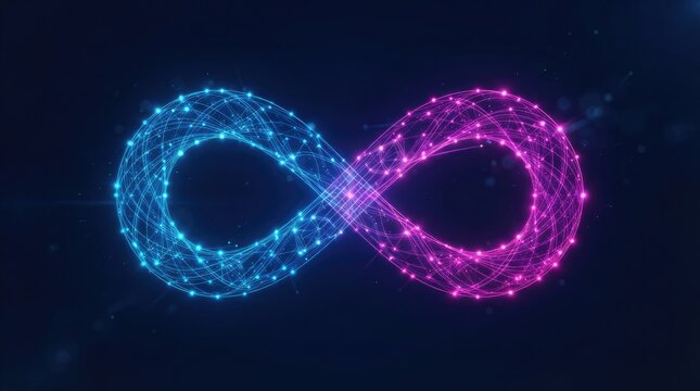 Abstract digital infinity symbol created with glowing blue and purple particles on a dark background representing endless technology and connectivity